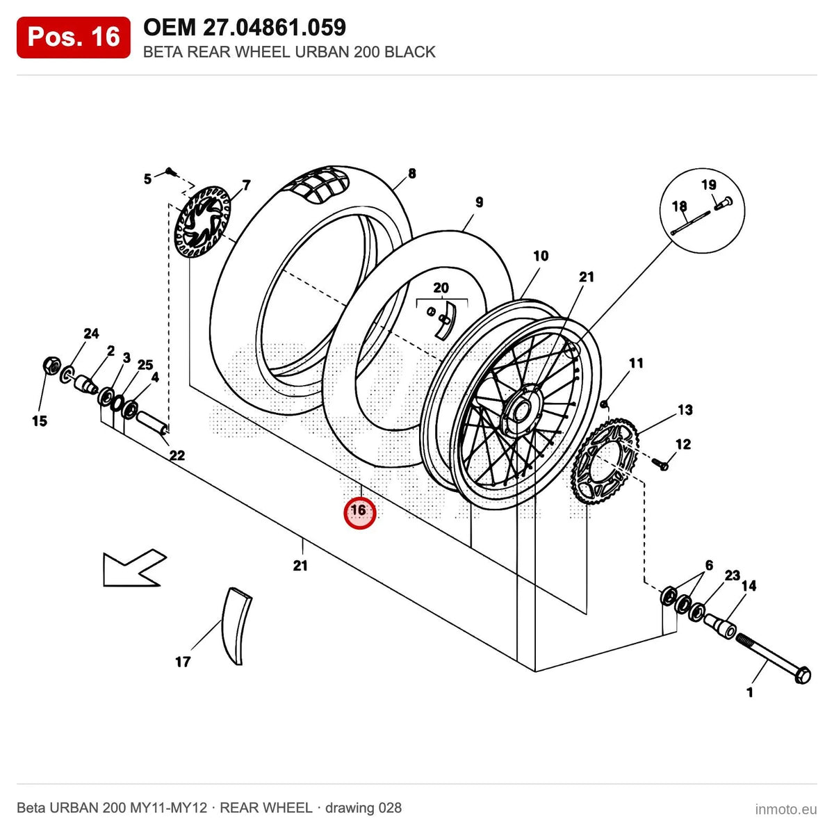 BETA REAR WHEEL URBAN 200 BLACK – OEM 27.04861.059, position 16 on the Beta URBAN 200 MY11-MY12 rear wheel drawing