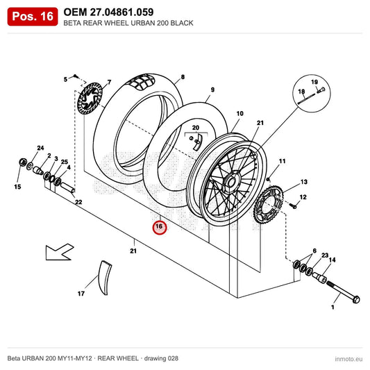 BETA REAR WHEEL URBAN 200 BLACK – OEM 27.04861.059, position 16 on the Beta URBAN 200 MY11-MY12 rear wheel drawing