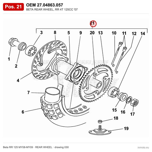 BETA REAR WHEEL, RR 4T 125CC '07 – OEM 27.04863.057, position 21 on the Beta RR 125 MY08-MY09 rear wheel drawing