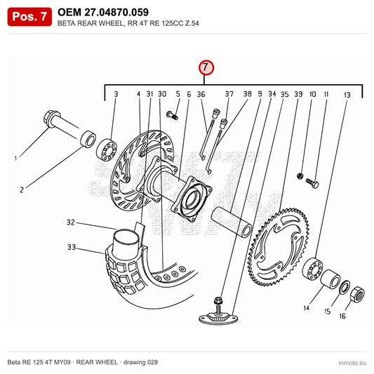 BETA REAR WHEEL, RR 4T RE 125CC Z.54 – OEM 27.04870.059, position 7 on the Beta RE 125 4T MY09 rear wheel drawing