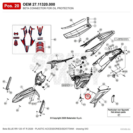 BETA CONNECTOR FOR OIL PROTECTION – OEM 27.11320.000, position 20 on the Beta BLUE RR 125 4T R 2026 plastic accessories/seat/tank drawing