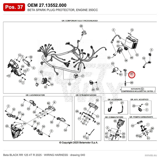 BETA SPARK PLUG PROTECTOR, ENGINE 350CC – OEM 27.13552.000, position 37 on the Beta BLACK RR 125 4T R 2025 wiring harness drawing