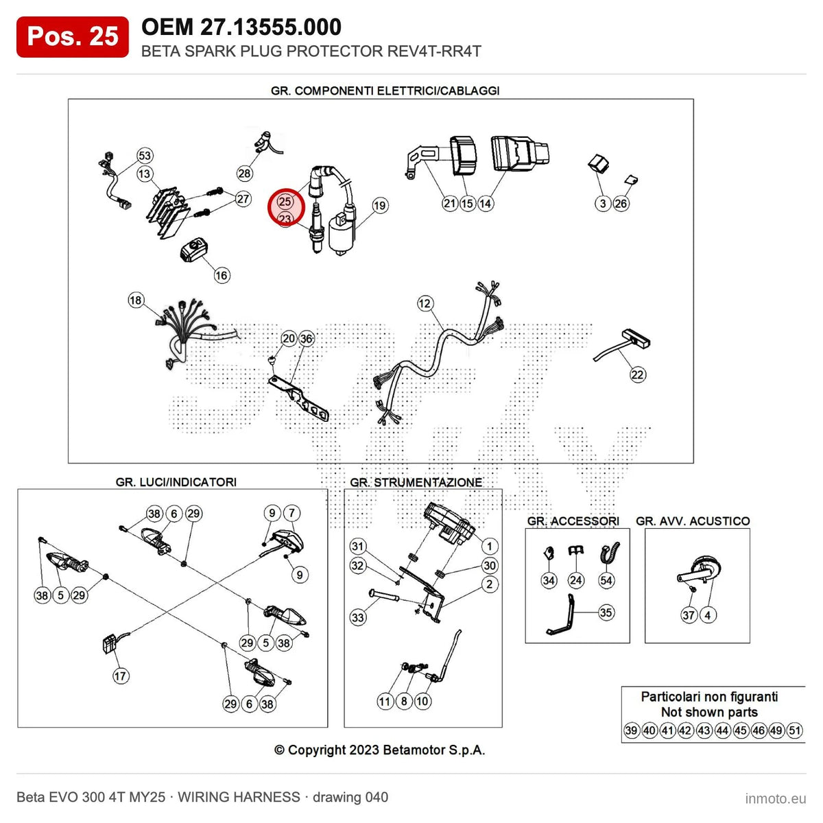 BETA SPARK PLUG PROTECTOR REV4T-RR4T – OEM 27.13555.000, position 25 on the Beta EVO 300 4T MY25 wiring harness drawing