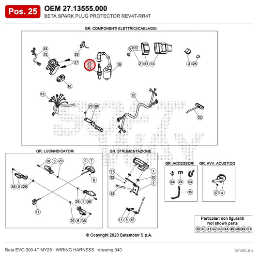 BETA SPARK PLUG PROTECTOR REV4T-RR4T – OEM 27.13555.000, position 25 on the Beta EVO 300 4T MY25 wiring harness drawing