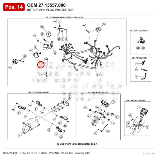 BETA SPARK PLUG PROTECTOR – OEM 27.13557.000, position 14 on the Beta WHITE RR 50 2T SPORT 2025 wiring harness drawing