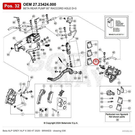 BETA REAR PUMP 90° RACCORD HOLE D=3 – OEM 27.23424.000, position 32 on the Beta ALP GREY ALP X 350 4T 2025 brakes drawing