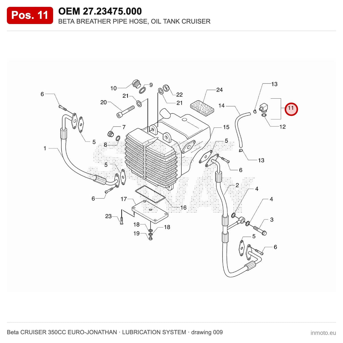 BETA BREATHER PIPE HOSE, OIL TANK CRUISER – OEM 27.23475.000, position 11 on the Beta CRUISER 350CC EURO-JONATHAN lubrication system drawing