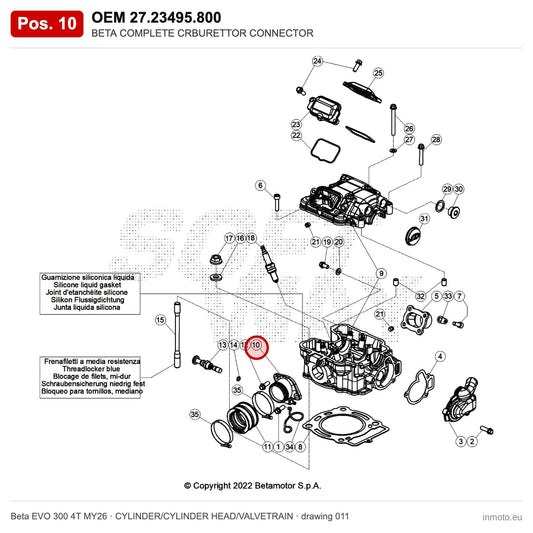 BETA COMPLETE CRBURETTOR CONNECTOR – OEM 27.23495.800, position 10 on the Beta EVO 300 4T MY26 cylinder/cylinder head/valvetrain drawing