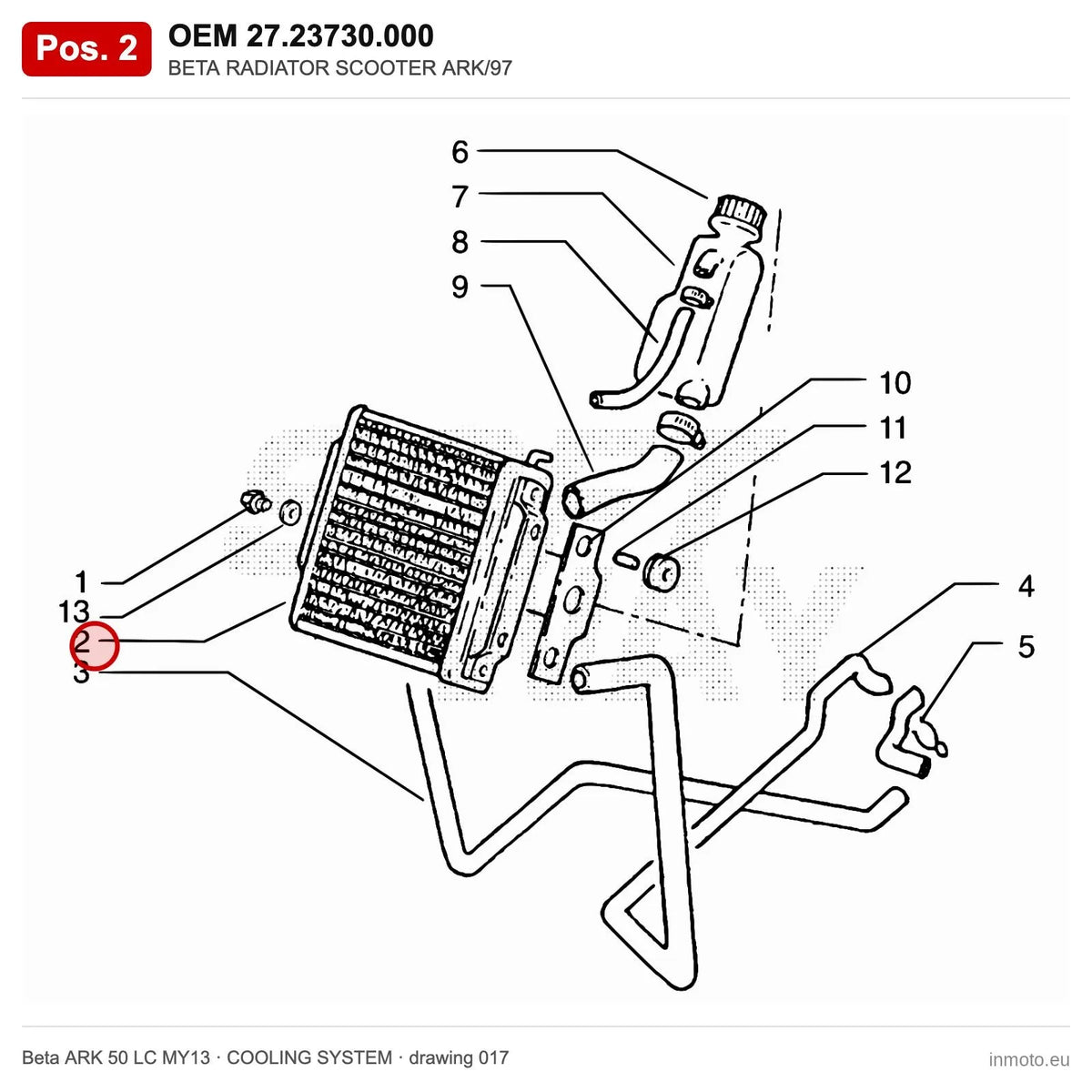 BETA RADIATOR SCOOTER ARK/97 – OEM 27.23730.000, position 2 on the Beta ARK 50 LC MY13 cooling system drawing