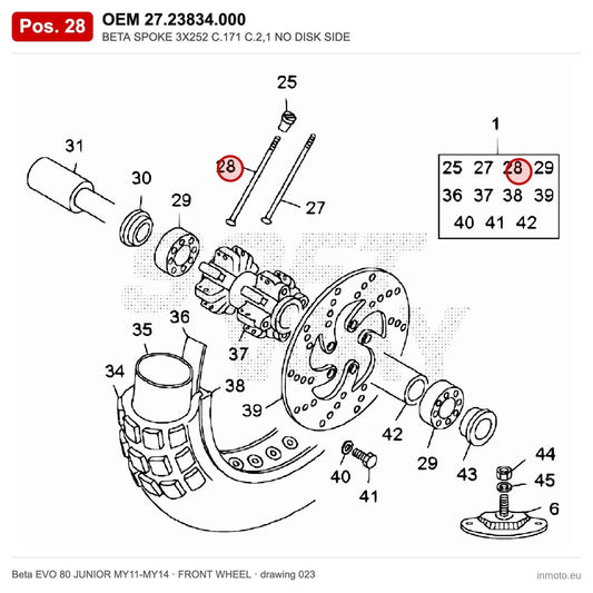 BETA SPOKE 3X252 C.171 C.2,1 NO DISK SIDE – OEM 27.23834.000, position 28 on the Beta EVO 80 JUNIOR MY11-MY14 front wheel drawing