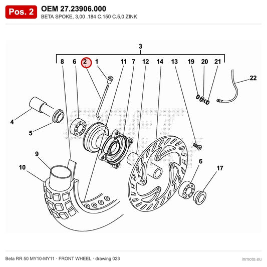 BETA SPOKE, 3,00 .184 C.150 C.5,0 ZINK – OEM 27.23906.000, position 2 on the Beta RR 50 MY10-MY11 front wheel drawing