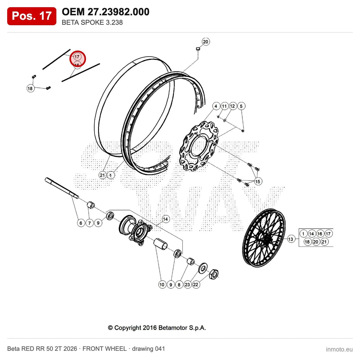 BETA SPOKE 3.238 – OEM 27.23982.000, position 17 on the Beta RED RR 50 2T 2026 front wheel drawing