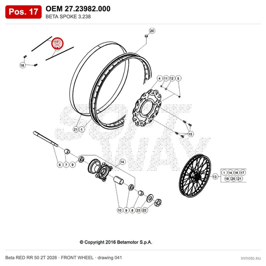 BETA SPOKE 3.238 – OEM 27.23982.000, position 17 on the Beta RED RR 50 2T 2026 front wheel drawing