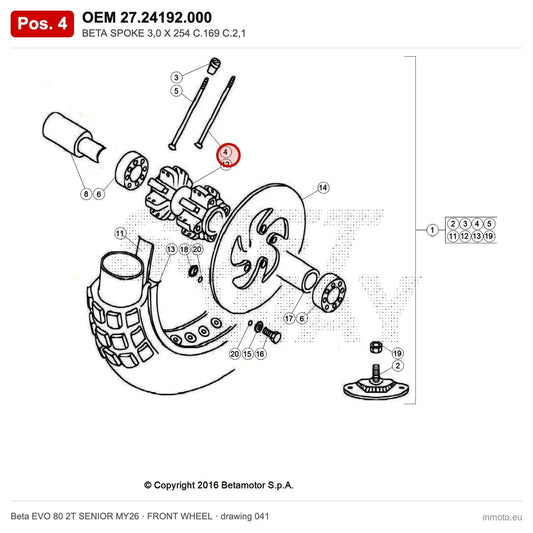 BETA SPOKE 3,0 X 254 C.169 C.2,1 – OEM 27.24192.000, position 4 on the Beta EVO 80 2T SENIOR MY26 front wheel drawing
