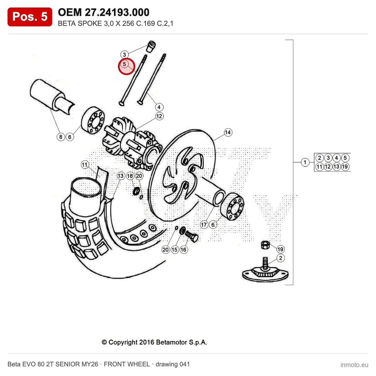 BETA SPOKE 3,0 X 256 C.169 C.2,1 – OEM 27.24193.000, position 5 on the Beta EVO 80 2T SENIOR MY26 front wheel drawing