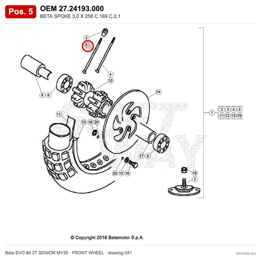 BETA SPOKE 3,0 X 256 C.169 C.2,1 – OEM 27.24193.000, position 5 on the Beta EVO 80 2T SENIOR MY26 front wheel drawing