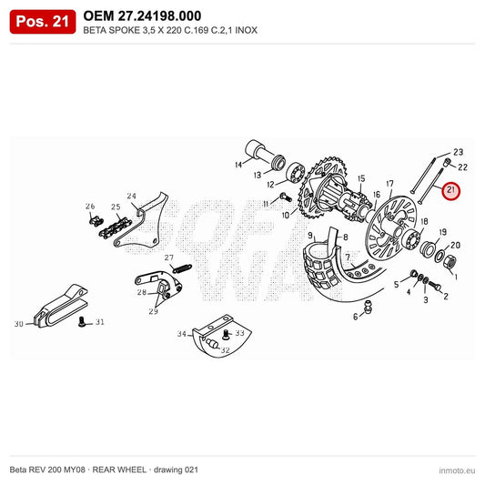 BETA SPOKE 3,5 X 220 C.169 C.2,1 INOX – OEM 27.24198.000, position 21 on the Beta REV 200 MY08 rear wheel drawing