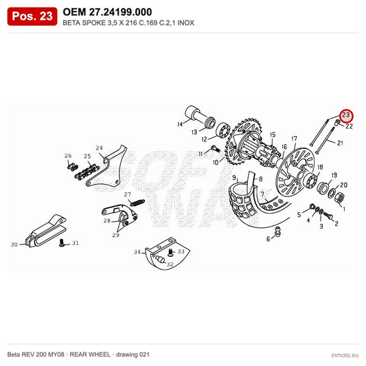 BETA SPOKE 3,5 X 216 C.169 C.2,1 INOX – OEM 27.24199.000, position 23 on the Beta REV 200 MY08 rear wheel drawing