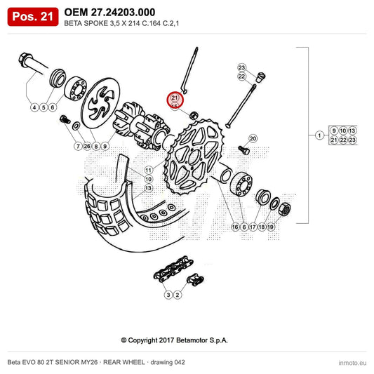BETA SPOKE 3,5 X 214 C.164 C.2,1 – OEM 27.24203.000, position 21 on the Beta EVO 80 2T SENIOR MY26 rear wheel drawing