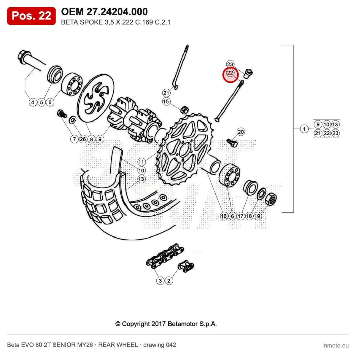 BETA SPOKE 3,5 X 222 C.169 C.2,1 – OEM 27.24204.000, position 22 on the Beta EVO 80 2T SENIOR MY26 rear wheel drawing