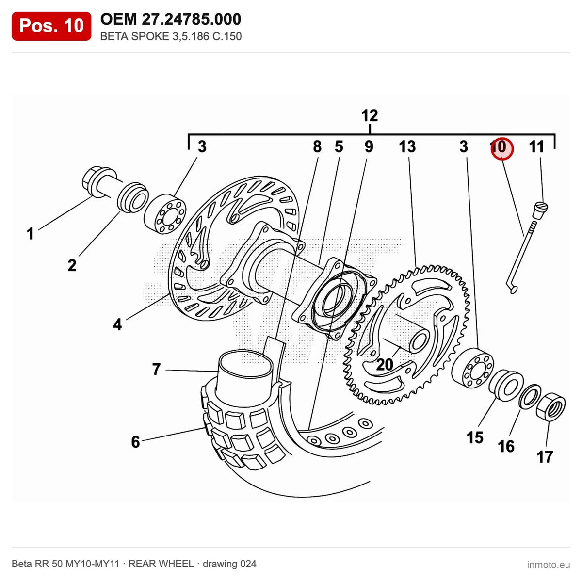 BETA SPOKE 3,5.186 C.150 – OEM 27.24785.000, position 10 on the Beta RR 50 MY10-MY11 rear wheel drawing