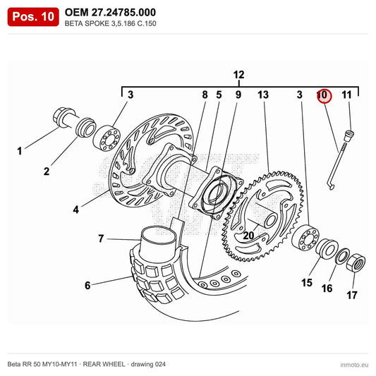 BETA SPOKE 3,5.186 C.150 – OEM 27.24785.000, position 10 on the Beta RR 50 MY10-MY11 rear wheel drawing