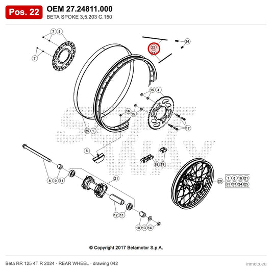 BETA SPOKE 3,5.203 C.150 – OEM 27.24811.000, position 22 on the Beta RR 125 4T R 2024 rear wheel drawing
