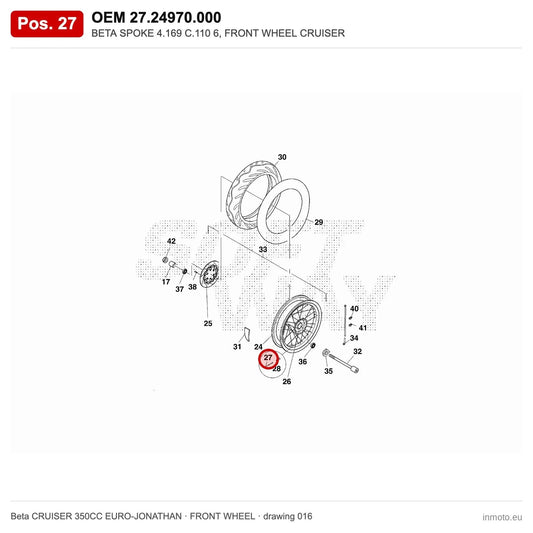 BETA SPOKE 4.169 C.110 6, FRONT WHEEL CRUISER – OEM 27.24970.000, position 27 on the Beta CRUISER 350CC EURO-JONATHAN front wheel drawing