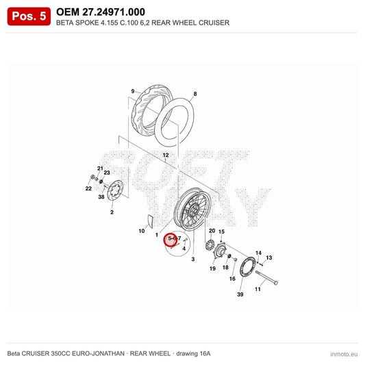 BETA SPOKE 4.155 C.100 6,2 REAR WHEEL CRUISER – OEM 27.24971.000, position 5 on the Beta CRUISER 350CC EURO-JONATHAN rear wheel drawing
