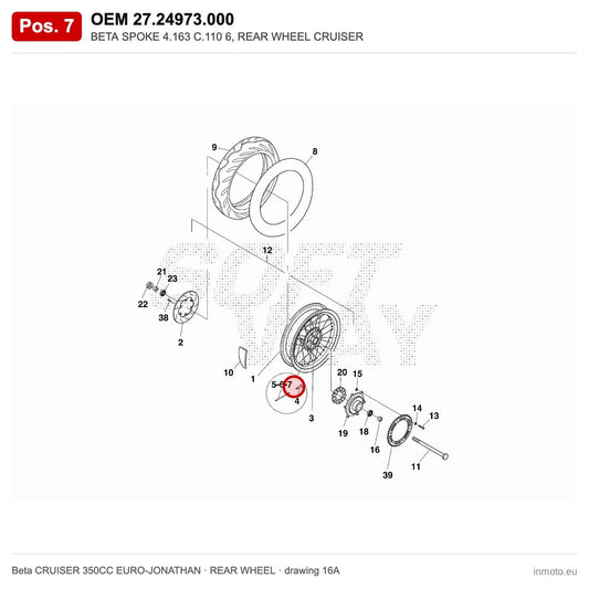 BETA SPOKE 4.163 C.110 6, REAR WHEEL CRUISER – OEM 27.24973.000, position 7 on the Beta CRUISER 350CC EURO-JONATHAN rear wheel drawing