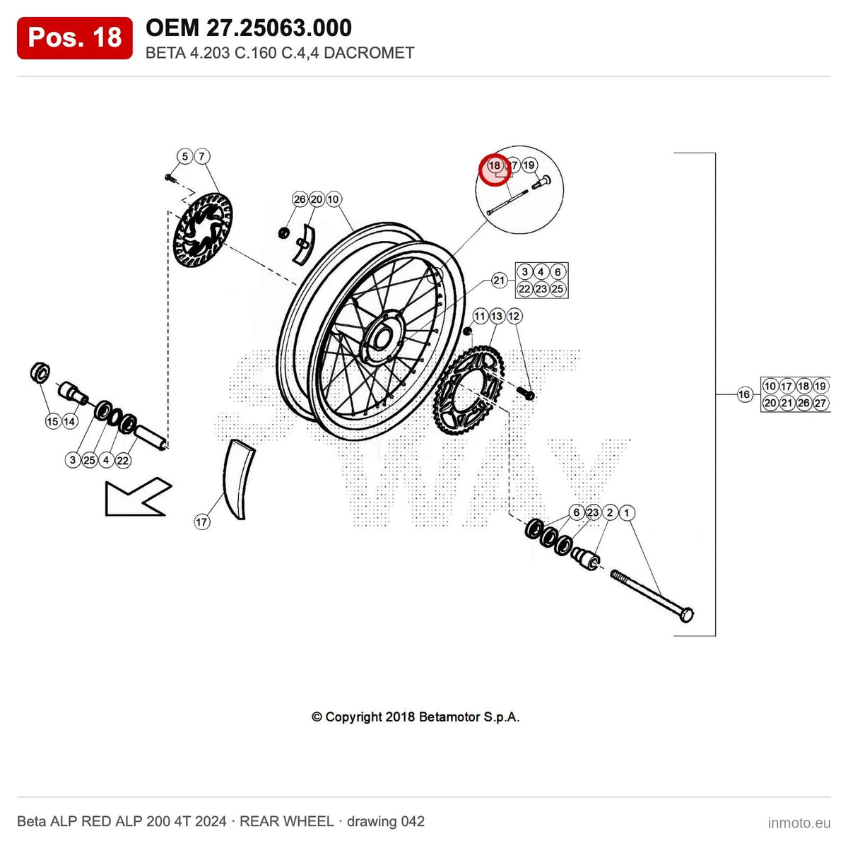 BETA 4.203 C.160 C.4,4 DACROMET – OEM 27.25063.000, position 18 on the Beta ALP RED ALP 200 4T 2024 rear wheel drawing