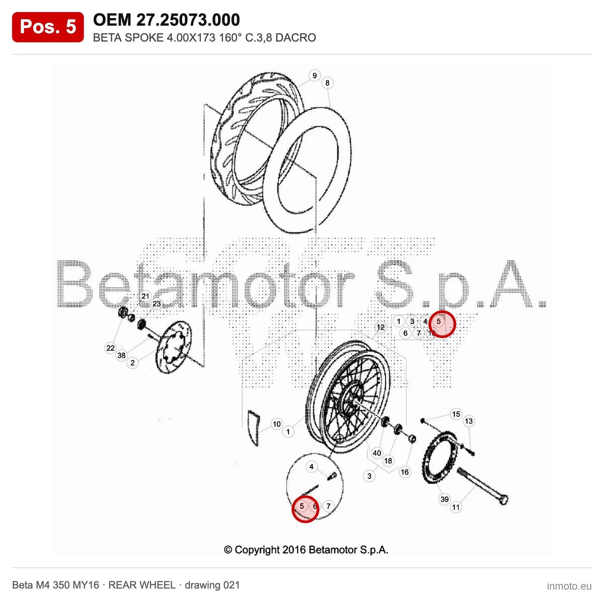 BETA SPOKE 4.00X173 160° C.3,8 DACRO – OEM 27.25073.000, position 5 on the Beta M4 350 MY16 rear wheel drawing