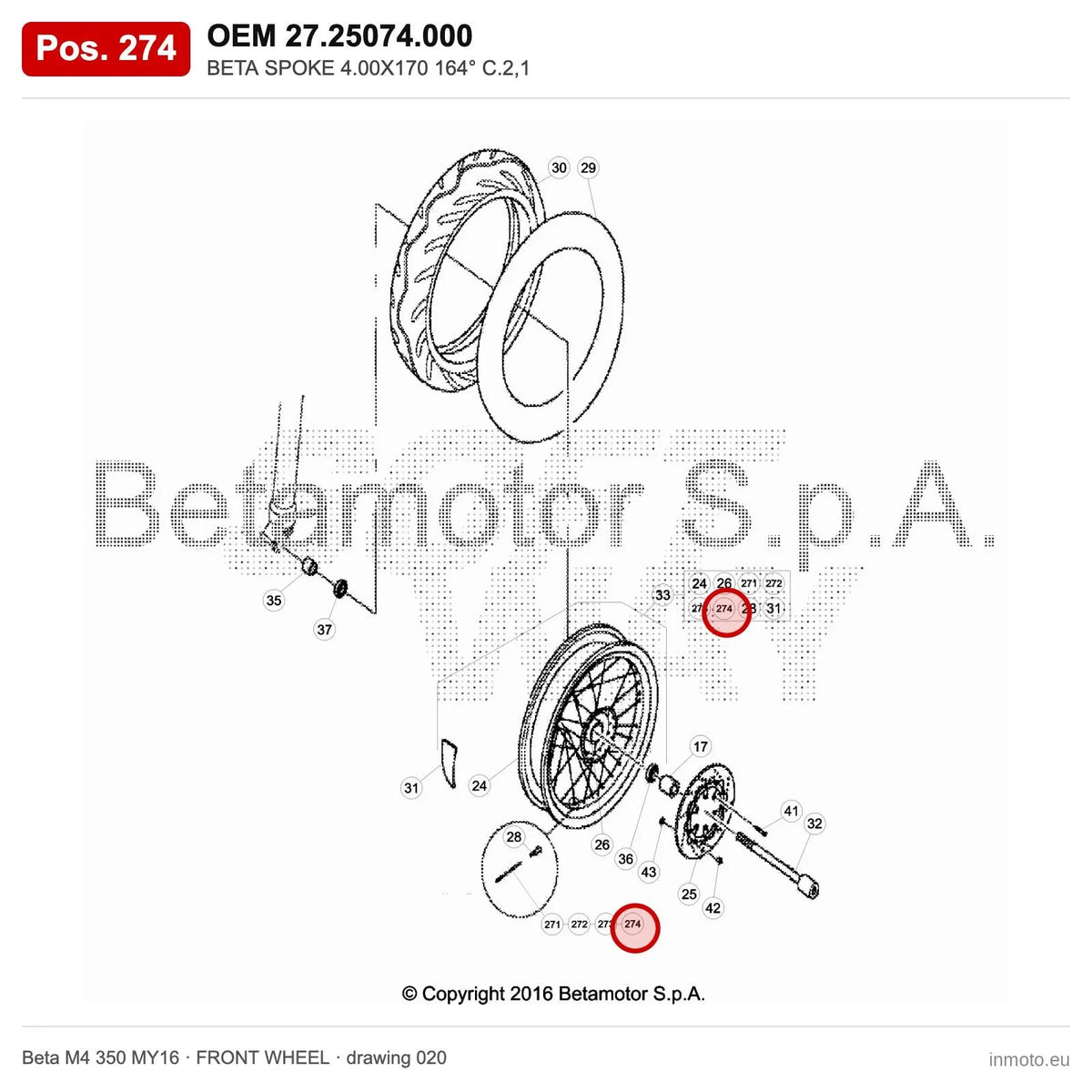 BETA SPOKE 4.00X170 164° C.2,1 – OEM 27.25074.000, position 274 on the Beta M4 350 MY16 front wheel drawing