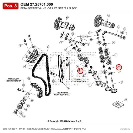 BETA SCRAPE VALVE - VA3 5/7 FKM 595 BLACK – OEM 27.25701.000, position 8 on the Beta RX 250 4T MY27 cylinder/cylinder head/valvetrain drawing