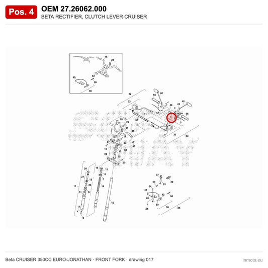 BETA RECTIFIER, CLUTCH LEVER CRUISER – OEM 27.26062.000, position 4 on the Beta CRUISER 350CC EURO-JONATHAN front fork drawing
