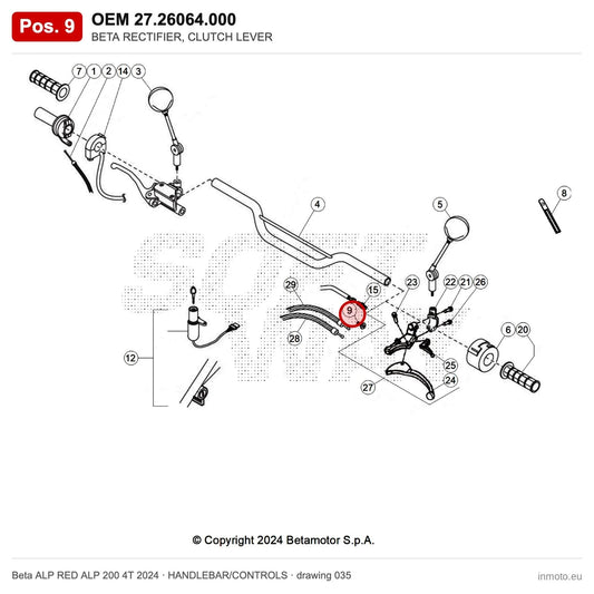 BETA RECTIFIER, CLUTCH LEVER – OEM 27.26064.000, position 9 on the Beta ALP RED ALP 200 4T 2024 handlebar/controls drawing