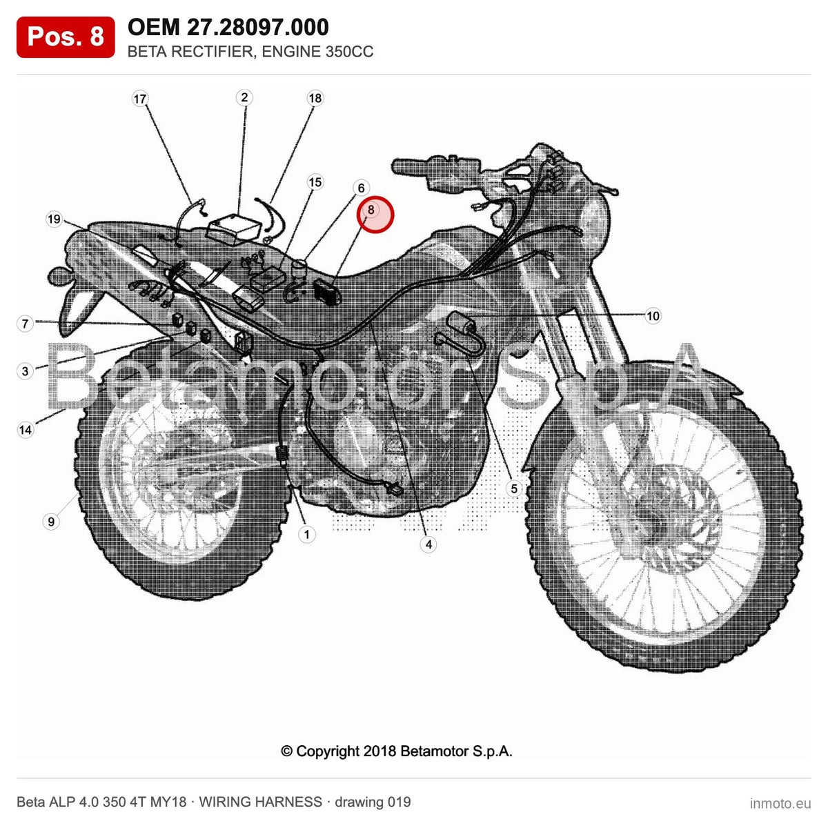 BETA RECTIFIER, ENGINE 350CC – OEM 27.28097.000, position 8 on the Beta ALP 4.0 350 4T MY18 wiring harness drawing