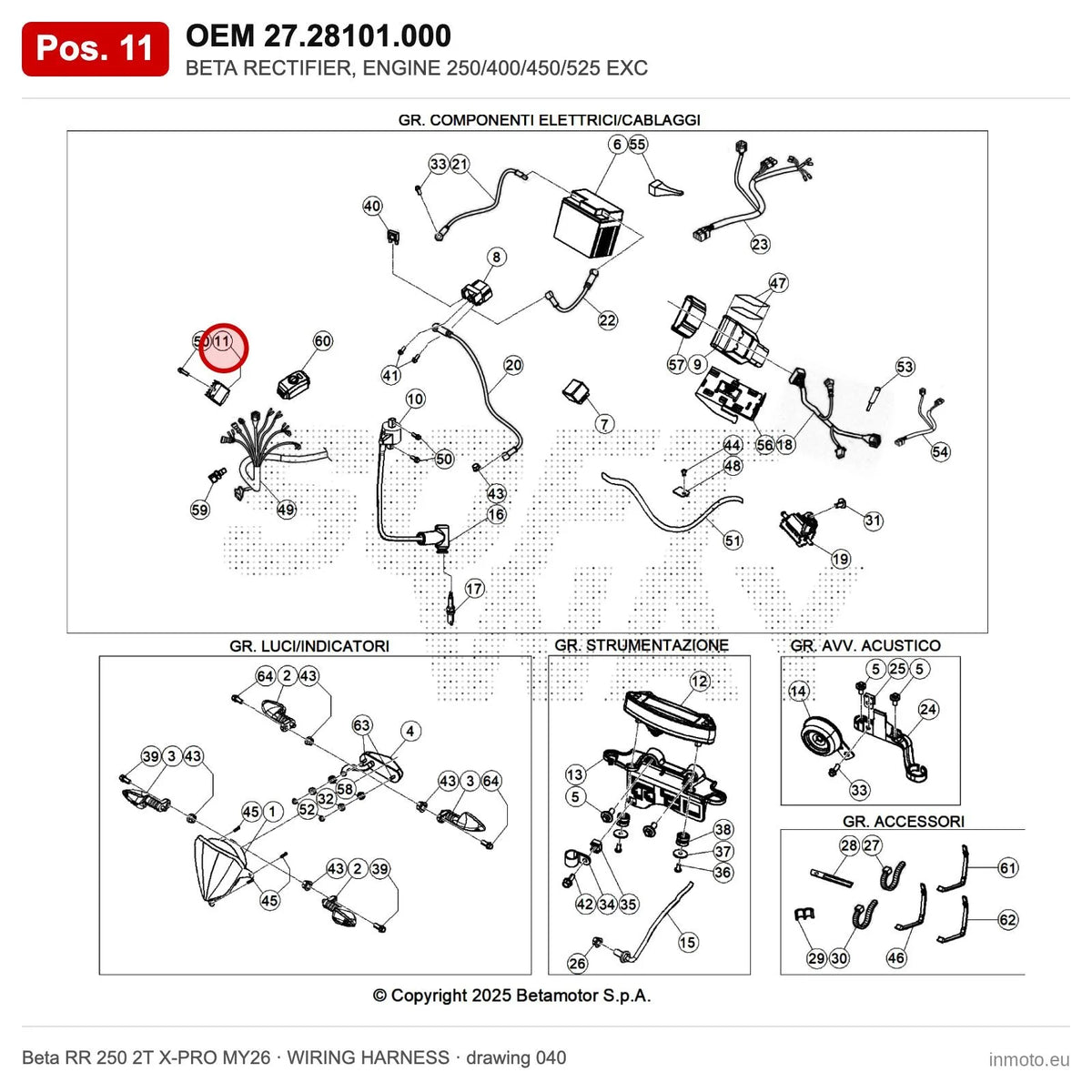 BETA RECTIFIER, ENGINE 250/400/450/525 EXC – OEM 27.28101.000, position 11 on the Beta RR 250 2T X-PRO MY26 wiring harness drawing