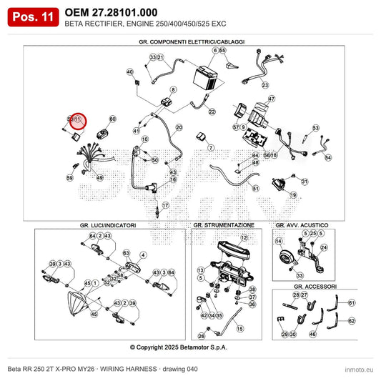 BETA RECTIFIER, ENGINE 250/400/450/525 EXC – OEM 27.28101.000, position 11 on the Beta RR 250 2T X-PRO MY26 wiring harness drawing
