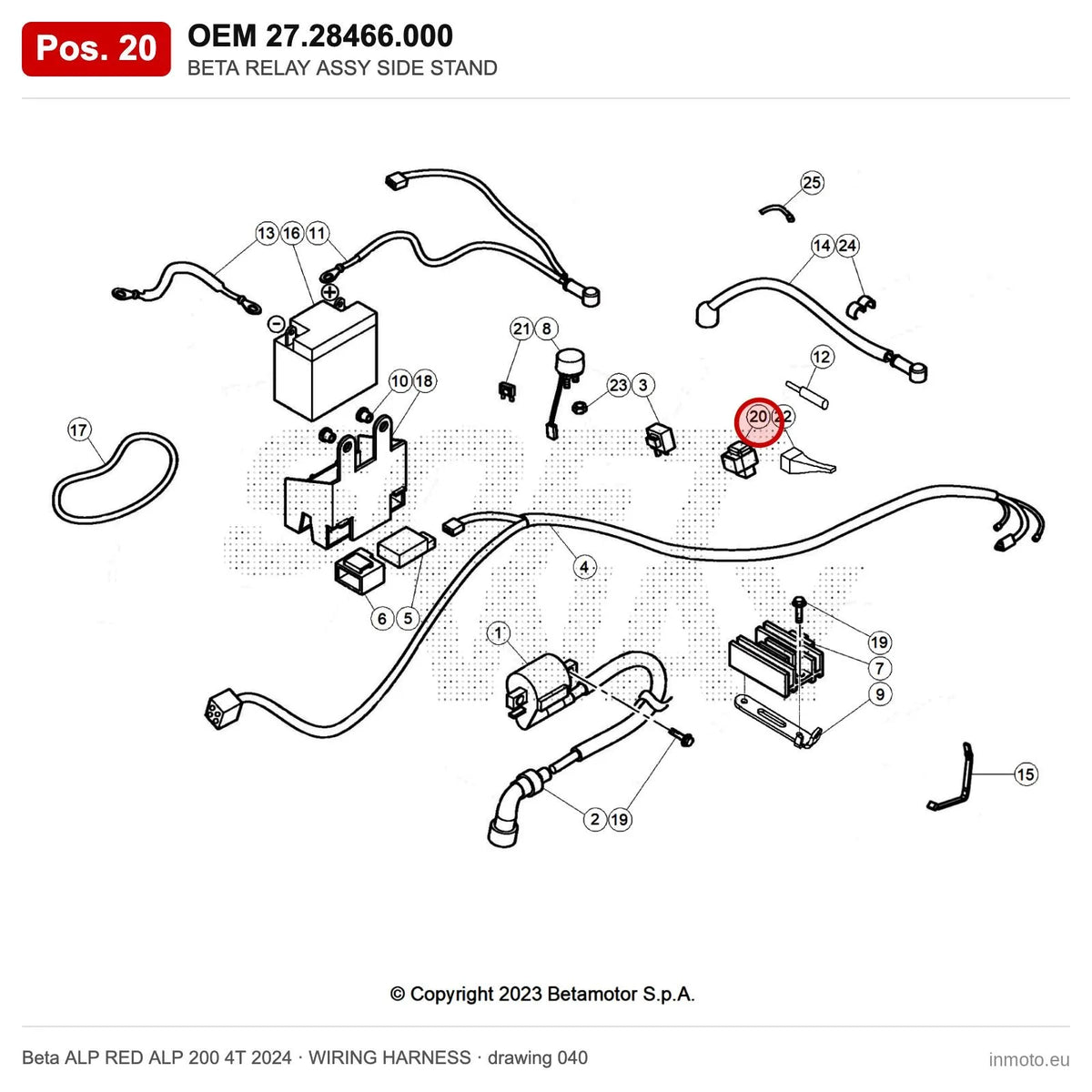 BETA RELAY ASSY SIDE STAND – OEM 27.28466.000, position 20 on the Beta ALP RED ALP 200 4T 2024 wiring harness drawing