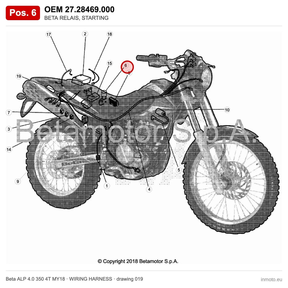 BETA RELAIS, STARTING – OEM 27.28469.000, position 6 on the Beta ALP 4.0 350 4T MY18 wiring harness drawing