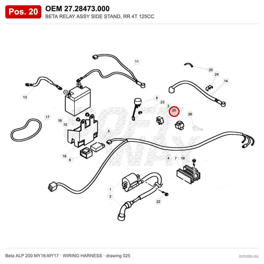 BETA RELAY ASSY SIDE STAND, RR 4T 125CC – OEM 27.28473.000, position 20 on the Beta ALP 200 MY16-MY17 wiring harness drawing