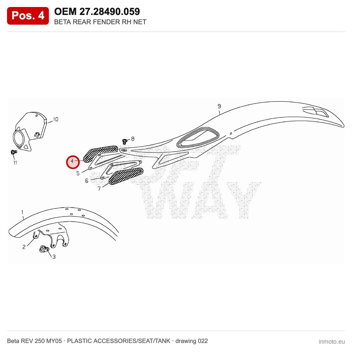 BETA REAR FENDER RH NET – OEM 27.28490.059, position 4 on the Beta REV 250 MY05 plastic accessories/seat/tank drawing