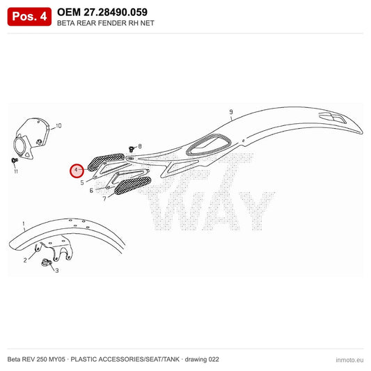 BETA REAR FENDER RH NET – OEM 27.28490.059, position 4 on the Beta REV 250 MY05 plastic accessories/seat/tank drawing
