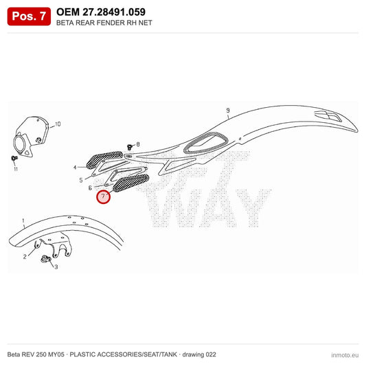 BETA REAR FENDER RH NET – OEM 27.28491.059, position 7 on the Beta REV 250 MY05 plastic accessories/seat/tank drawing