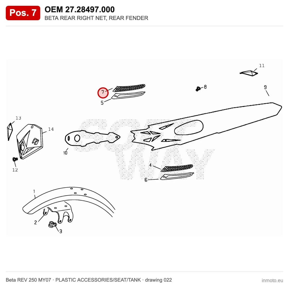 BETA REAR RIGHT NET, REAR FENDER – OEM 27.28497.000, position 7 on the Beta REV 250 MY07 plastic accessories/seat/tank drawing
