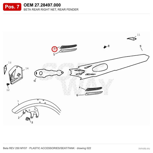 BETA REAR RIGHT NET, REAR FENDER – OEM 27.28497.000, position 7 on the Beta REV 250 MY07 plastic accessories/seat/tank drawing
