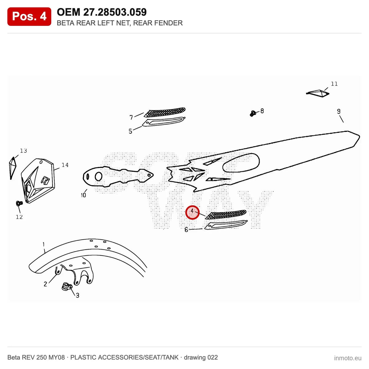 BETA REAR LEFT NET, REAR FENDER – OEM 27.28503.059, position 4 on the Beta REV 250 MY08 plastic accessories/seat/tank drawing