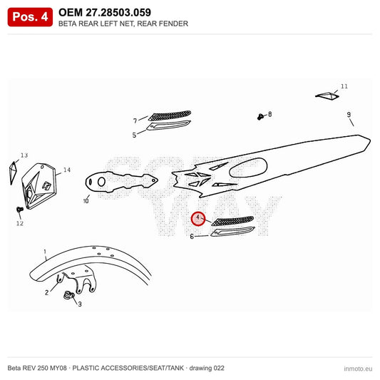 BETA REAR LEFT NET, REAR FENDER – OEM 27.28503.059, position 4 on the Beta REV 250 MY08 plastic accessories/seat/tank drawing