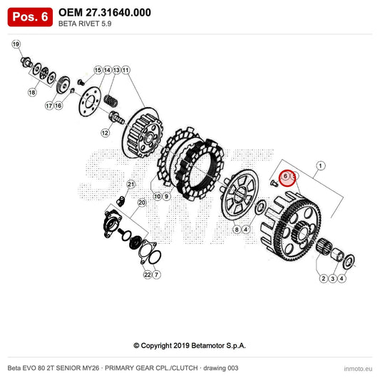 BETA RIVET 5.9 – OEM 27.31640.000, position 6 on the Beta EVO 80 2T SENIOR MY26 primary gear cpl./clutch drawing